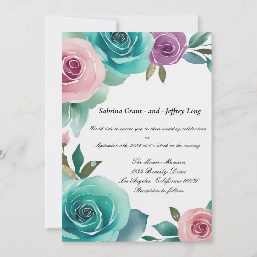 Invitation Aqua bleu et rose aquarelle Rose Mariage Floral (Devant)