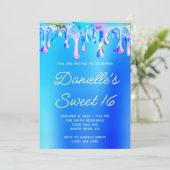 Invitation Aqua Bleu et Rose Liquide Drip Sweet 16 (Debout devant)