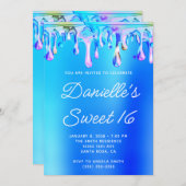 Invitation Aqua Bleu et Rose Liquide Drip Sweet 16 (Devant / Derrière)