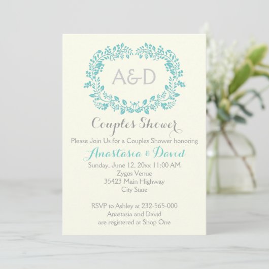 Invitation Aqua bleu feuillage initiales mariage couples douc (Debout devant)