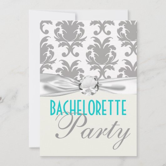 Invitation aqua bleu gris argenté gr damask bachelorette part (Devant)