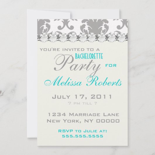 Invitation aqua bleu gris argenté gr damask bachelorette part (Dos)