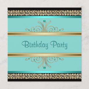 Invitation Aqua Bleu Sarcelle Femme Noir Or Fête d'anniversai