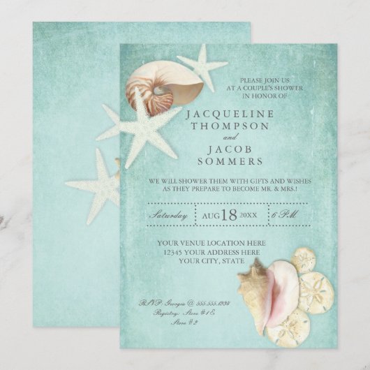 Invitation Aqua Blue Beach Ocean Shell Sand Couples Douche (Devant / Derrière)