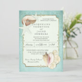 Invitation Aqua Blue Beach Ocean Shell Sand Faux Gold Mariage (Debout devant)