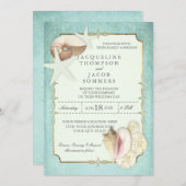 Invitation Aqua Blue Beach Ocean Shell Sand Faux Gold Mariage (Devant / Derrière)