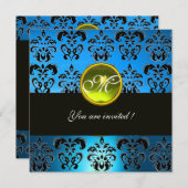 Invitation AQUA BLUE BLACK DAMASK MONOGRAM, topaz jaune