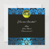 Invitation AQUA BLUE BLACK DAMASK MONOGRAM, topaz jaune