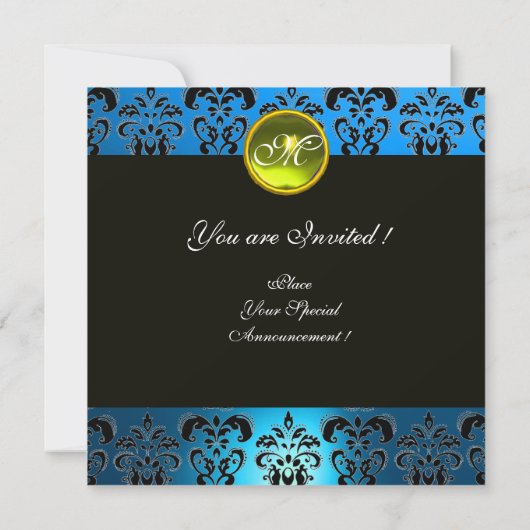 Invitation AQUA BLUE BLACK DAMASK MONOGRAM, topaz jaune (Dos)