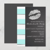 Invitation Aqua Blue & Blanc Faux Argent Lèvres Baiser Fête (Devant / Derrière)