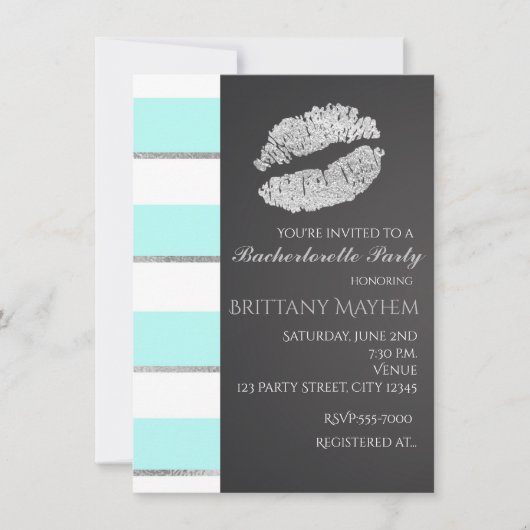 Invitation Aqua Blue & Blanc Faux Argent Lèvres Baiser Fête (Devant)