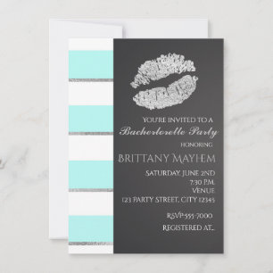 Invitation Aqua Blue & Blanc Faux Argent Lèvres Baiser Fête