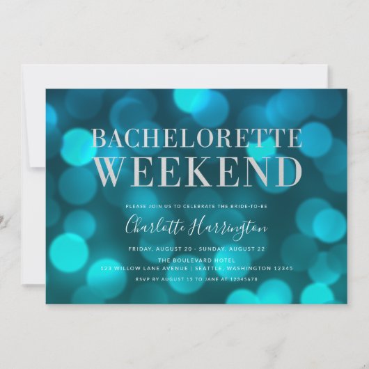 Invitation Aqua Blue Bokeh Lights Bachelorette Week-end (Devant)