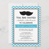 Invitation Aqua Blue Boy Mustache Chevron (Devant)