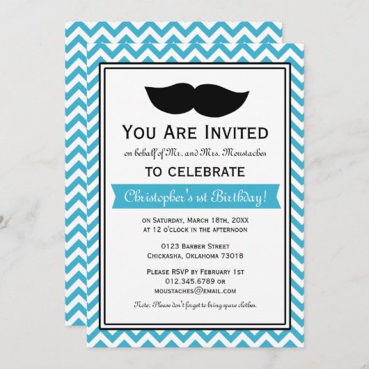 Invitation Aqua Blue Boy Mustache Chevron (Devant / Derrière)