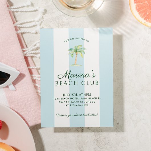 Invitation Aqua Blue Cabana Stripes Palm Beach Club Anniversa