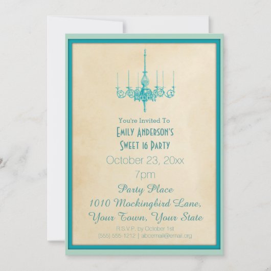 Invitation Aqua Blue Chandelier Sweet 16 (Devant)