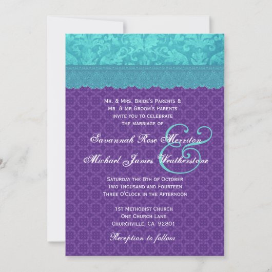 Invitation Aqua Blue Damask et Purple Mariage A05 (Devant)