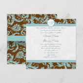 Invitation Aqua Blue Damask sur Brown Christine Mariage (Devant / Derrière)