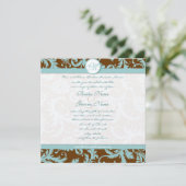 Invitation Aqua Blue Damask sur Brown Christine Mariage (Debout devant)