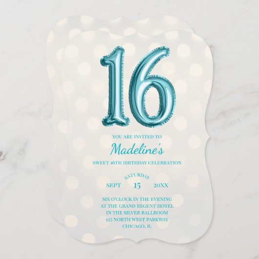 Invitation Aqua Blue et Gold Bokeh Faux Foil 16e anniversaire (Devant / Derrière)