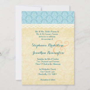 Invitation Aqua Blue et Gold Damask avec Mariage en dentelle