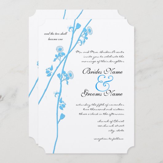 Invitation Aqua Blue Fleur sauvage Branche Mariage rustique (Devant / Derrière)