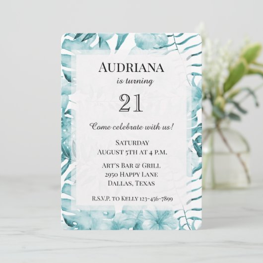 Invitation Aqua Blue Floral Feuille Tropical Anniversaire (Debout devant)