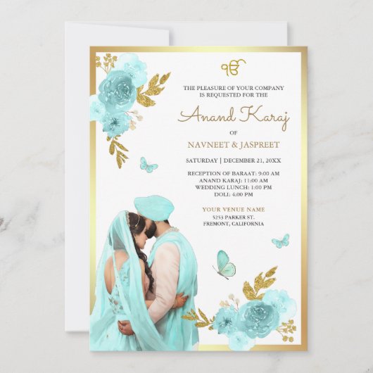 Invitation Aqua Blue Floral Punjabi Anand Karaj Sikh Mariage (Devant)