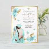 Invitation Aqua Blue Floral Punjabi Anand Karaj Sikh Mariage (Debout devant)