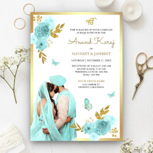 Invitation Aqua Blue Floral Punjabi Anand Karaj Sikh Mariage