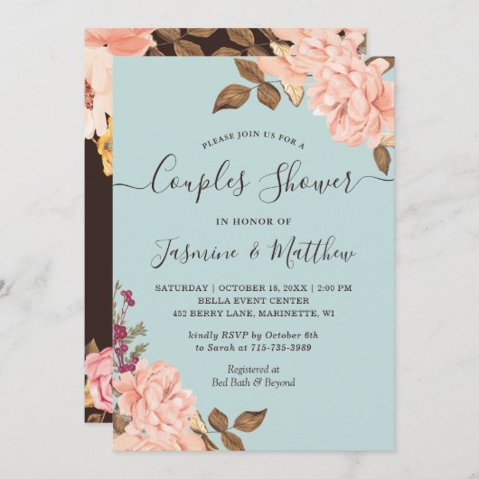 Invitation Aqua Blue ft. Douche à Mariage floral (Devant / Derrière)
