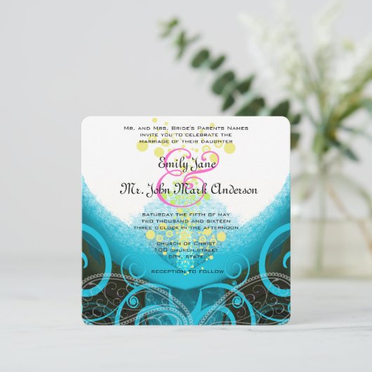 Invitation Aqua Blue Fuchsia Calla Lily Mariage (Debout devant)