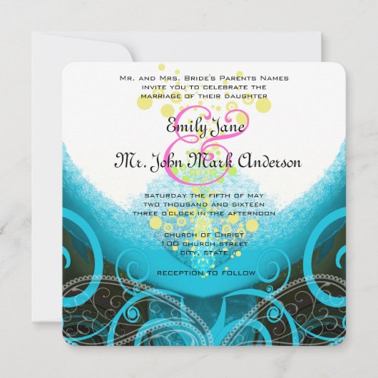 Invitation Aqua Blue Fuchsia Calla Lily Mariage (Devant)