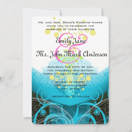 Invitation Aqua Blue Fuchsia Calla Lily Mariage (Devant)