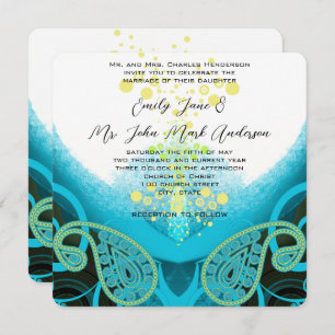 Invitation Aqua Blue Fuchsia, Lime Paisley Calla Lily