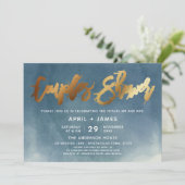 Invitation Aqua Blue Gold Brush Typographie Couples Douche (Debout devant)