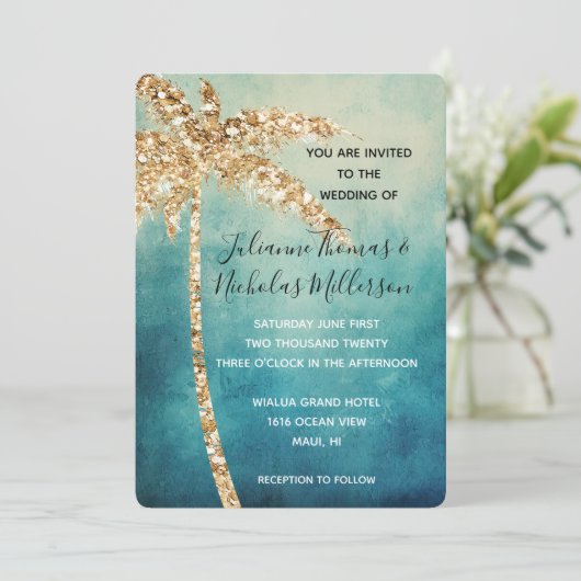 Invitation Aqua Blue Gold Parties scintillant Tropical Palm T (Debout devant)