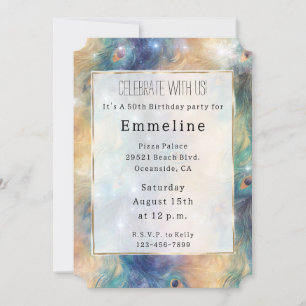 Invitation Aqua Blue Gold Peacock Feathers 50e anniversaire