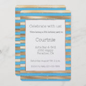 Invitation Aqua Blue Gold Stripes Anniversaire (Devant / Derrière)
