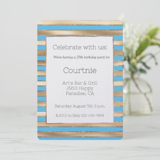 Invitation Aqua Blue Gold Stripes Anniversaire (Debout devant)