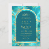 Invitation Aqua Blue Gold Water Arch Mariage musulman (Devant)