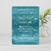Invitation Aqua Blue Marble Glitzy Gold Parties scintillant E (Debout devant)