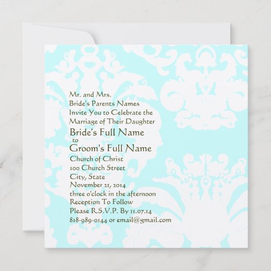 Invitation Aqua Blue Mariage damassé (Devant)