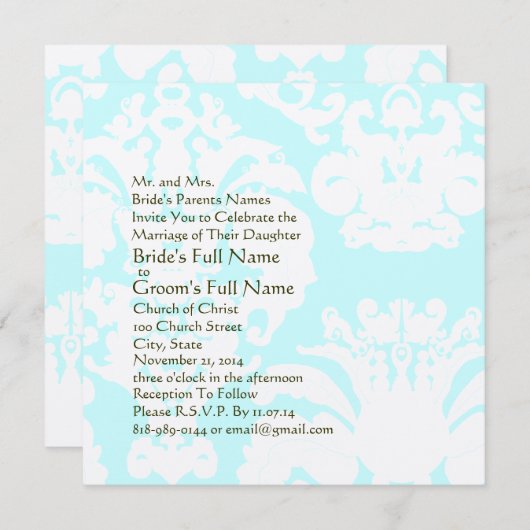 Invitation Aqua Blue Mariage damassé (Devant / Derrière)