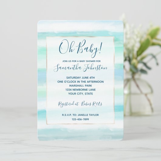 Invitation Aqua Blue Ocean Mint White Aquarelle rayures (Debout devant)