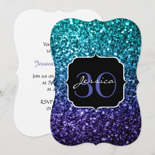 Invitation Aqua blue Ombre fausse parties scintillant scintil (Devant / Derrière)