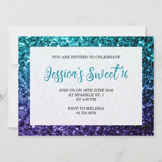 Invitation Aqua blue Ombre scintille Sweet 16 élégant script (Devant)