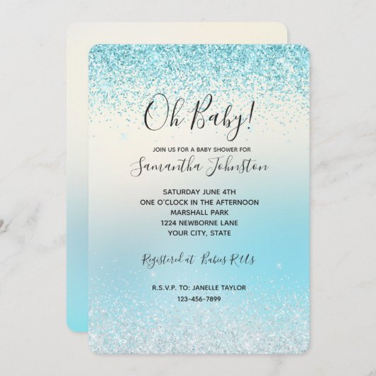 Invitation Aqua Blue Ombre Tie dye Glitzy Sparkle Parties sci (Devant / Derrière)