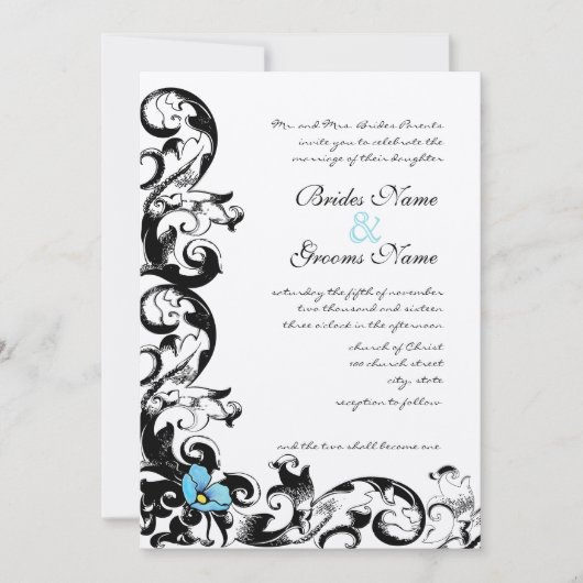 Invitation Aqua Blue Poppy Floral Swirl Mariage (Devant)